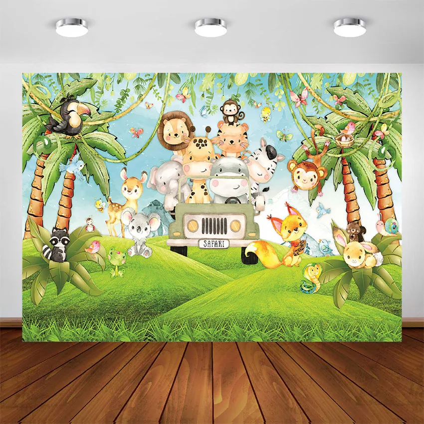 Jungle Safari Animals Baby Shower Backdrops Drive By Party Decorations Photography Background Kids Birthday Cake Table Banner