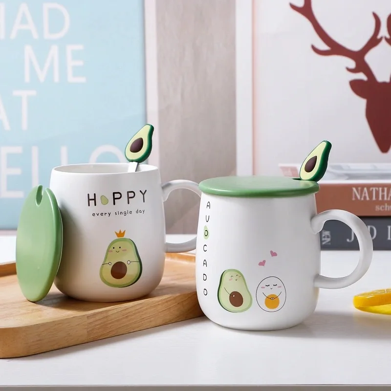 High Quality Creative Avocado Coffee Cup Ceramic Mugs Heat-Resistant With Lid 450ml Kids Office Home Useful Drinkware Gift