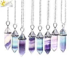 CSJA Fluorite Crystals Necklaces Pendants Suspension Quartz Natural Gem Stone Necklace for Women Hexagonal Reiki Healing G954