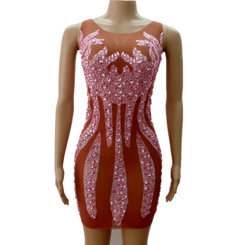 

Pink Rhinestones Sleeveless Dress Summer Glisten Sexy Stretch Stones Costume Birthday Celebrate Singer Dance Evening Outfit