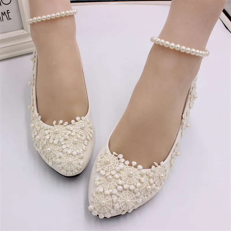 Pearl anklets white low-heeled ladies shoes white wedding shoes bridesmaid lace wedding dress shoes fashion design handmadeBH161