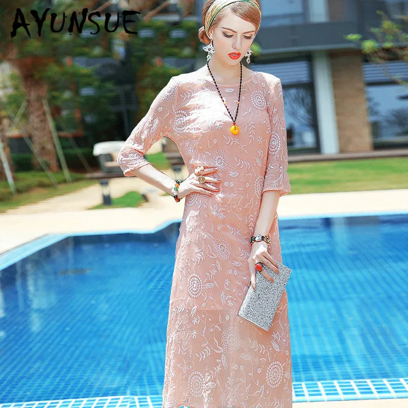 

Real Silk Dress Women Summer Dress Korean Embroidery Midi Beach Dress Elegant Party Dresses Woman Vestidos Mujer 3142 YY2776