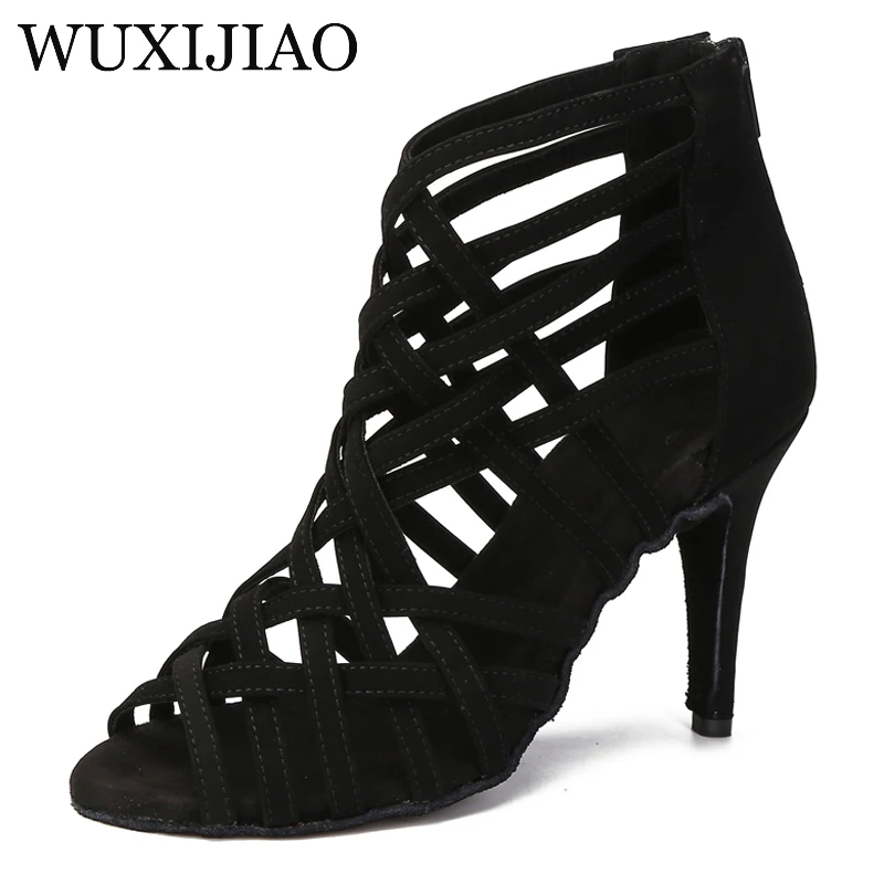 WUXIJIAO Elegant jazz salsa outdoor indoor standard latin dance women's shoes modern fashion high-heeled black velvet sandals