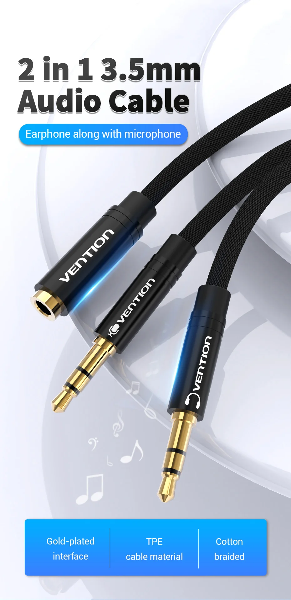 Vention Audio-Splitter, Kopfhörer-Adapter, 3,5 mm AUX-Kabel für Computer, 1 Buchse auf 2 Stecker, Mikrofon-Y-Splitter, Headset auf PC-Adapter – Detail 5