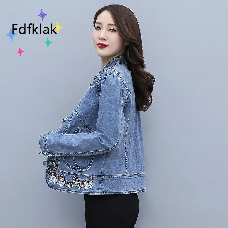 Imagem -05 - Fdfklak-jaqueta Jeans Nacional Feminina Bordada Fina Coreana Blusas Retrô Cabolsa Casual de Gola Alta Blusa Abotoada Outono