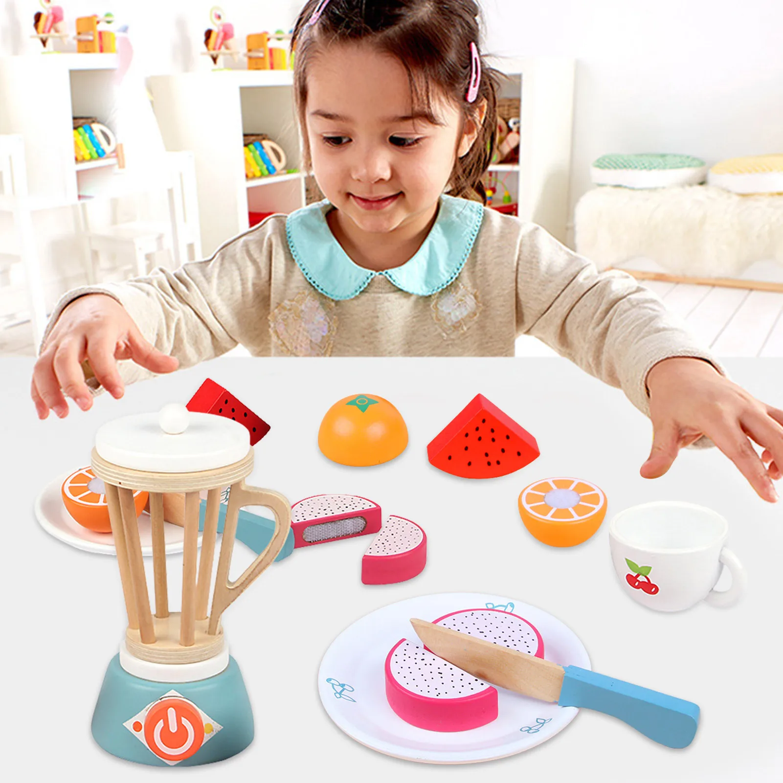 Smoothie maker liquidificador conjunto de madeira máquina smoothie juicer brinquedo com 3 frutas falsas e 3 ferramentas jogar acessórios de cozinha para meninas