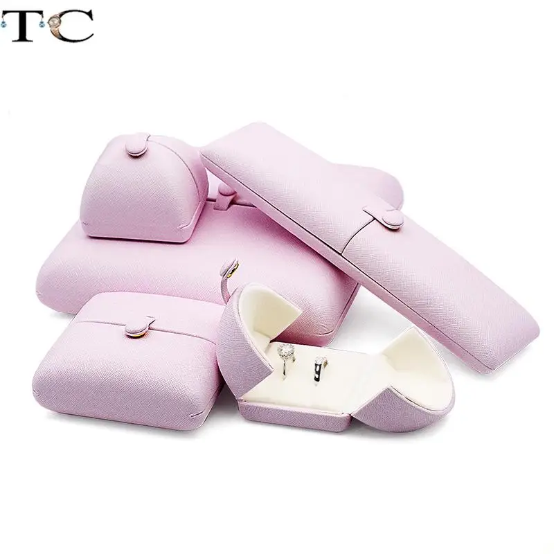 Pink Leather Snap Button Double-Sided Opening Jewelry Gift Packaging Box Proposal Double Ring Box Pearl Necklace Collection Box