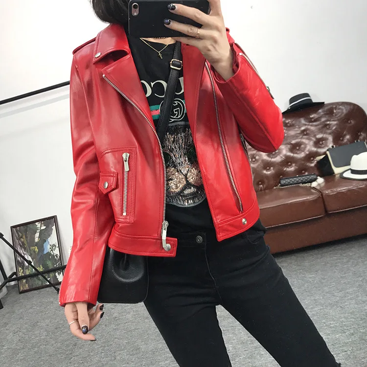 Null fisch Neue Herbst Frauen echt Leder Jacke echtem Motorrad Biker Roten Mantel Turndown Kragen Lose Schwarz Punk Oberbekleidung