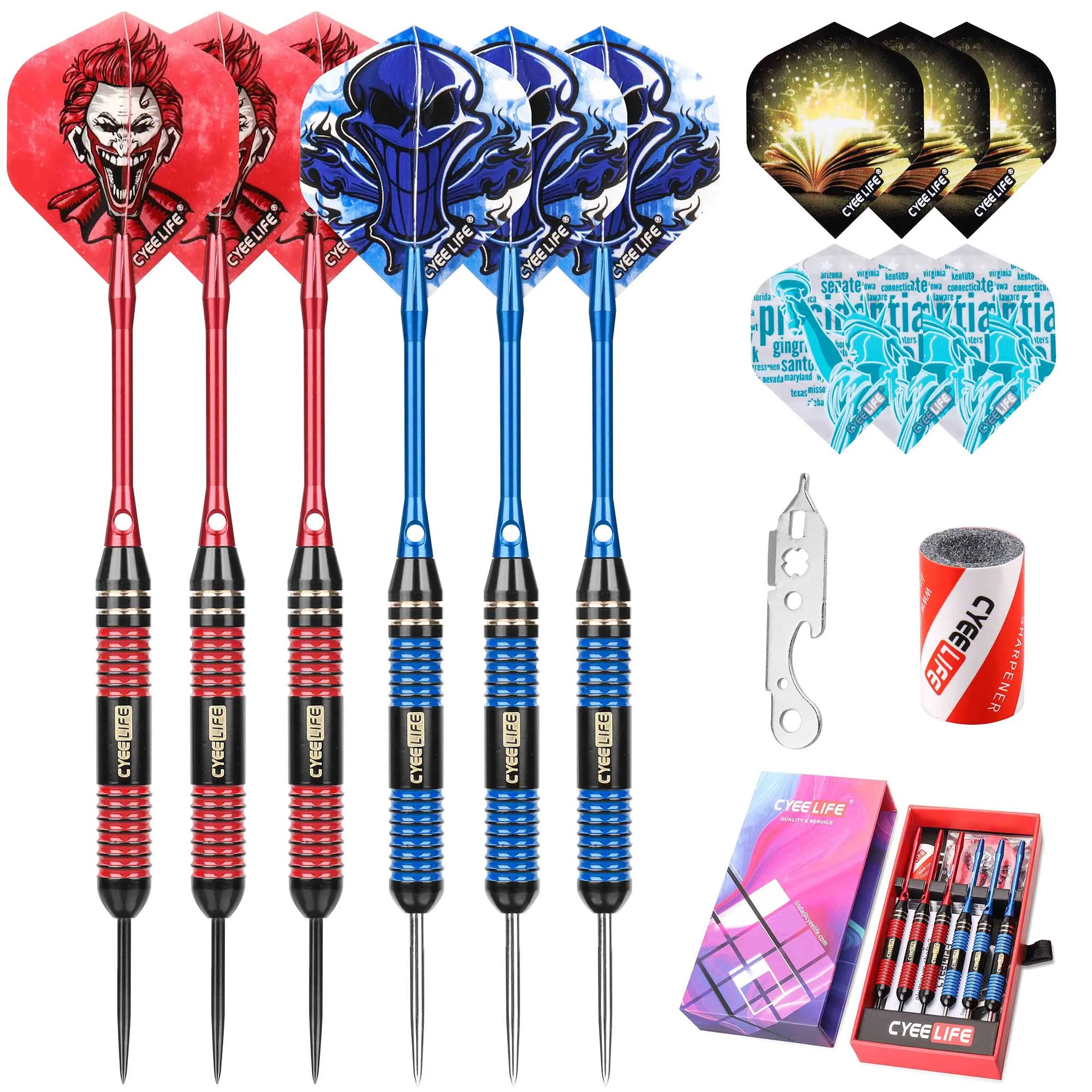 CyeeLife Steel tip darts 20/22/24g,12 Flights +6 Shafts with Tool & Sharpener,Gift Packaging For Professional Competition