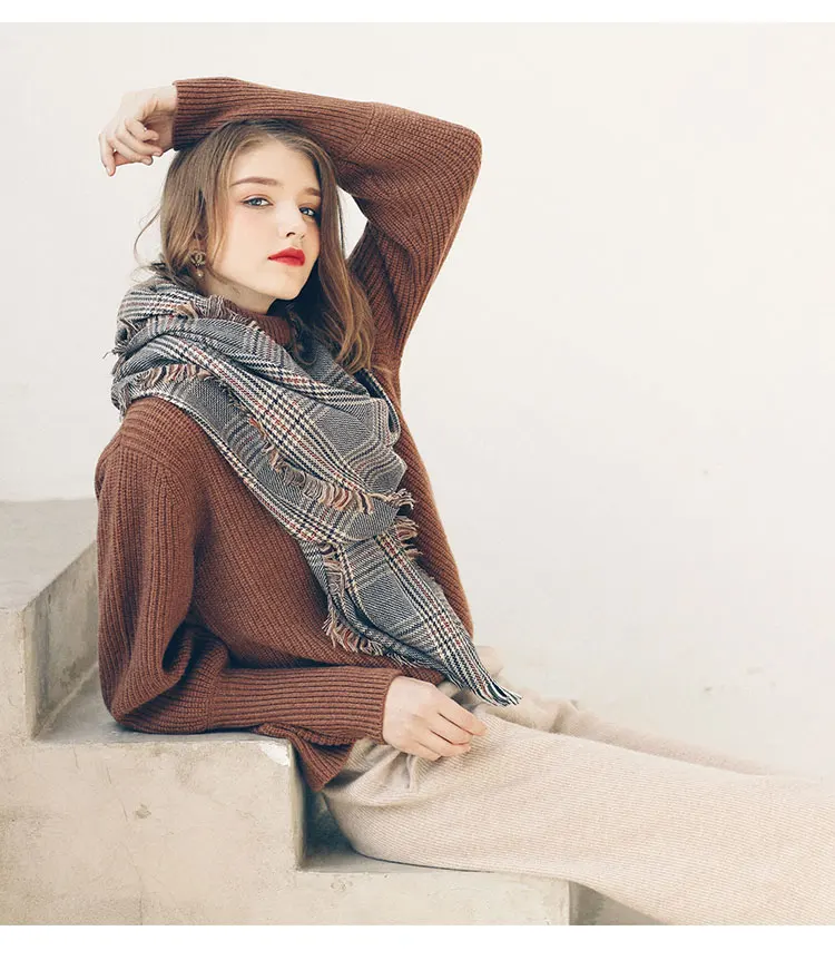 Designer Plaid Frauen Schal Wolle Hahnentritt Warme Lambwool Herbst Winter Schals schals luxus marke neck bandana pashmina Warps – Detail 6