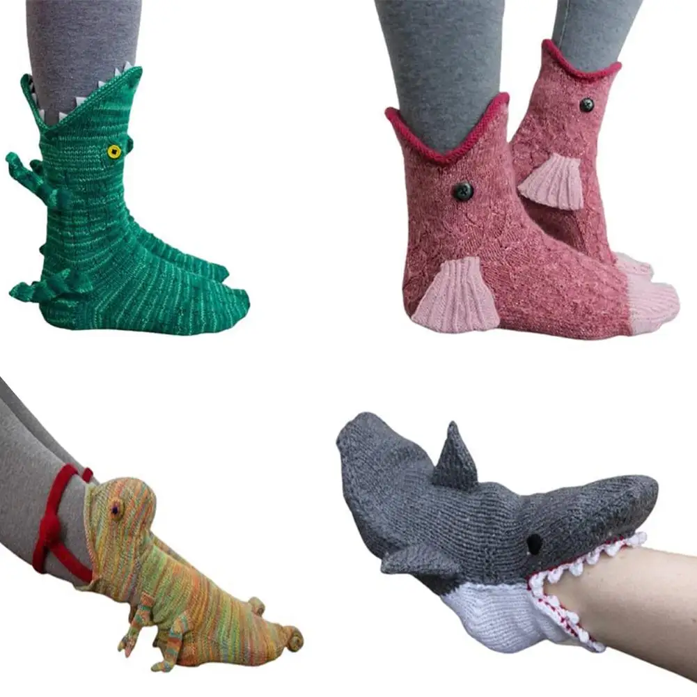 Christmas Gift Shark Fish Chameleon Crocodile Knit Socks Cute Unisex Novelty Winter Warm Floor Sock For Men Women