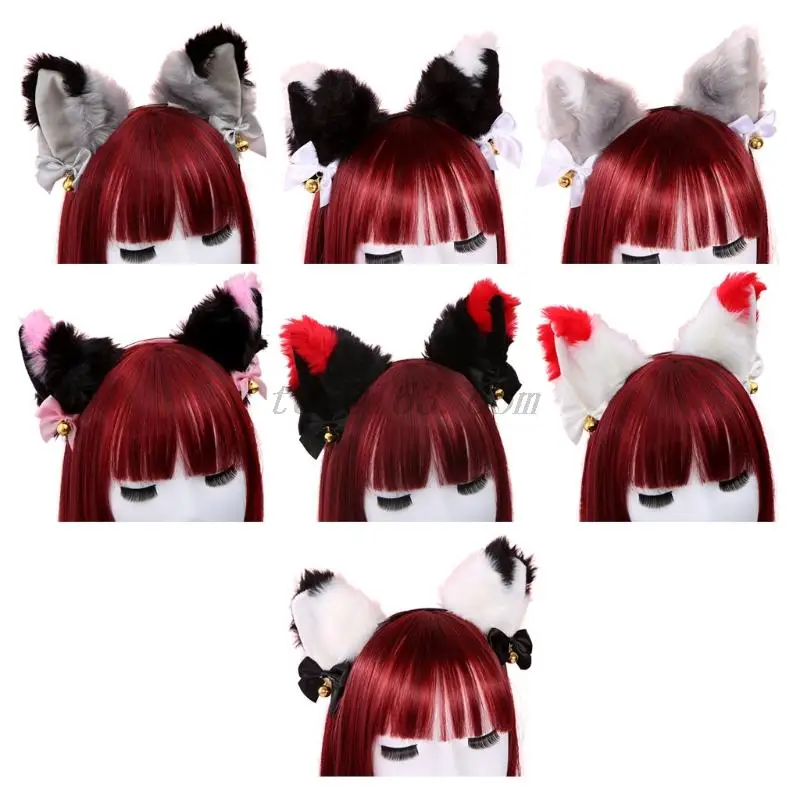 Women Sweet Lovely Anime Lolita Headband Cute Furry Plush Cat Ears Hair Hoop with Bowknot Small Bells Fancy Dress Cosplay Party