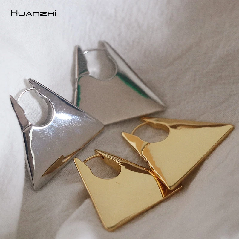 New Gold Color Metal Stainless Steel Geometric Triangle Circel Round Hoop Earrings  For Women Travel Girls Jewelry HUANZHI 2022