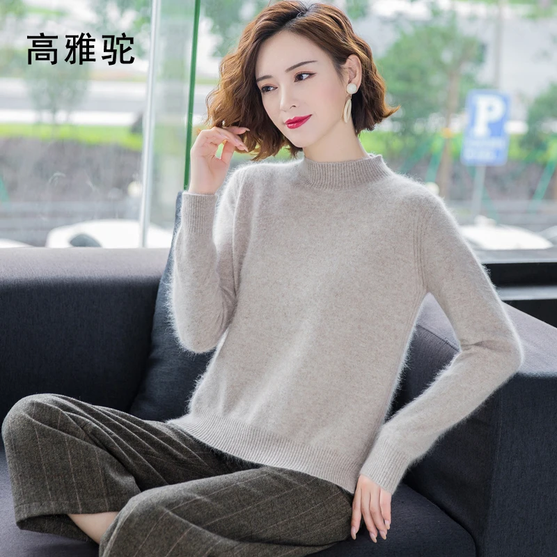 Winter 100%Mink Cashmere Women Half High Neck Fashion Knit Thick Solid Color Sweater Long Sleeve Large Size Base Warm Top 2021