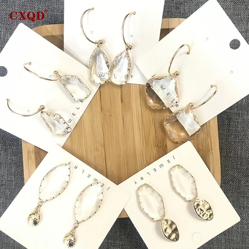 CXQD Popular White Geometric Drop Dangle Earrings for Women New Bijoux Square Clear Crystal Statement Ladies Jewelry Gifts