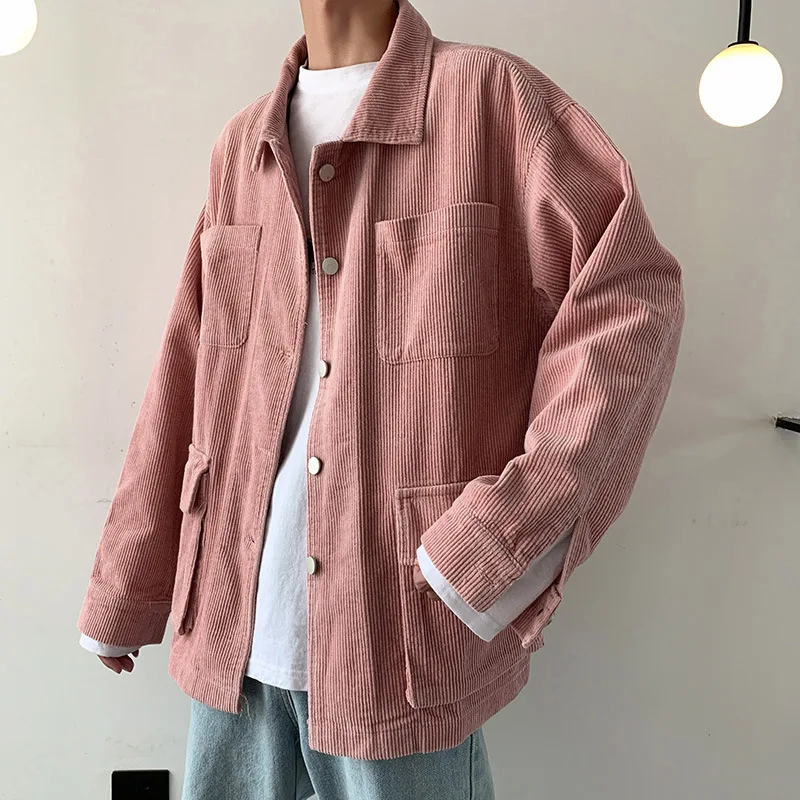 

Winter Hong Kong Style Fashion Streetwear Men's Corduroy Jacket Solid Color Loose Lapel Student Casual Outerware2021 Autumn