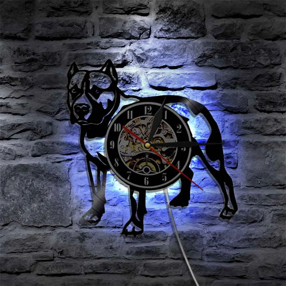 American Bully Pitbull Vinyl Record Wall Clock Home Decor Pet Puppy Animal Dog Modern Wall Lamp Decorative Lighting