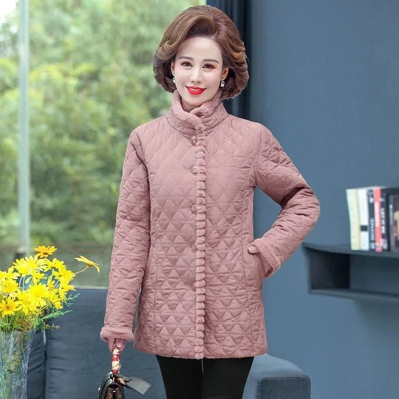 Winter New 2023 Add Velvet Keep Warm Ladies Jacket Stand-Up Collar Cotton Middle-Aged Mother Dress Thick Cotton Clothing