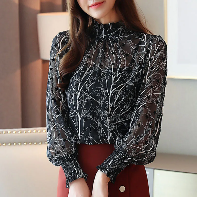 2020 Fashion Casual Spring Women Chiffon Blouses Stand Collar Floral Women Tops Women Clothing Long Sleeve Printed Shirt 6197 50