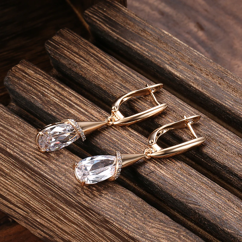 Kinel Fashion 585 Rose Gold Long Earrings for Women Water Drop Purple Natural Zircon Dangle Earring Fine Jewelry Crystal Gift
