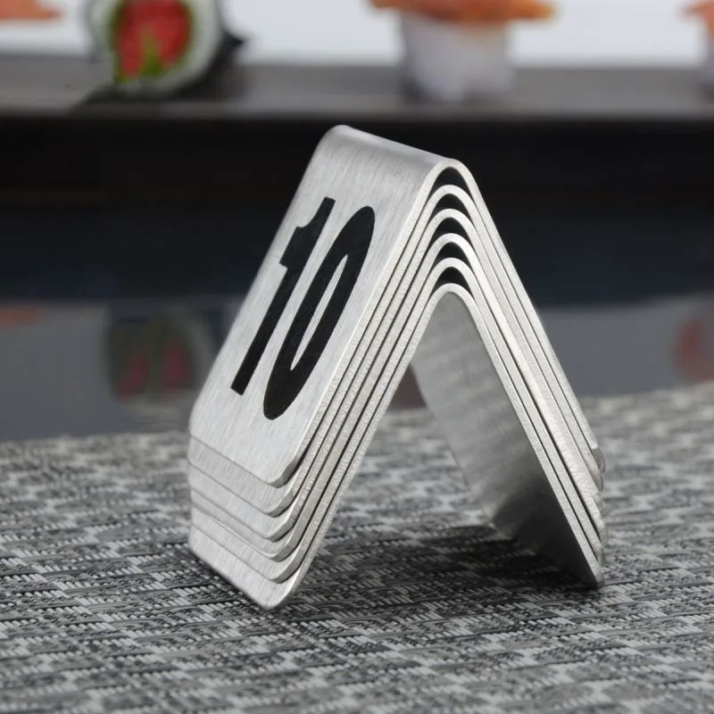 10Pcs Double Sides Stainless Steel Table Numbers 1-50 Signs Plates Restaurant Cafe Bar Place Table Marker Desk Digit Card Holder