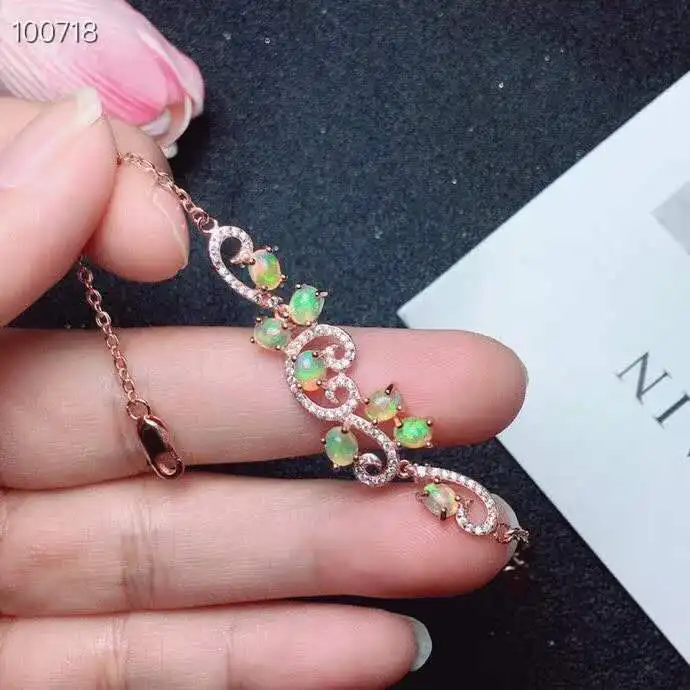 

Natural And Real Opal bracelet Solid S925 Sterling Silver For Women Colour Gem Stone Rings Fine Jewelry