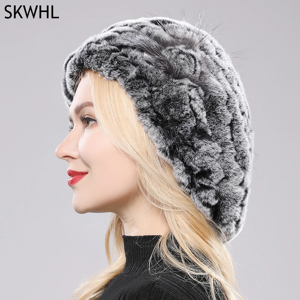 

New Style Women Beret Caps Knitted Real Rex Rabbit Fur Beanies Hat Women Winter Rex Rabbit Fur Hats 100% Real Rex Rabbit Fur Cap