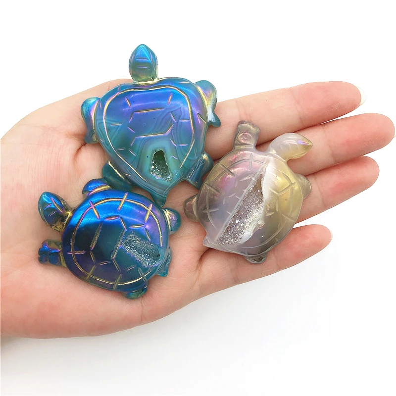 

Beautiful 1PC Natural Agate Electroplate Hand Carved Multicolour Tortoise Polished Crystal Turtle Decorative Quartz Crystals