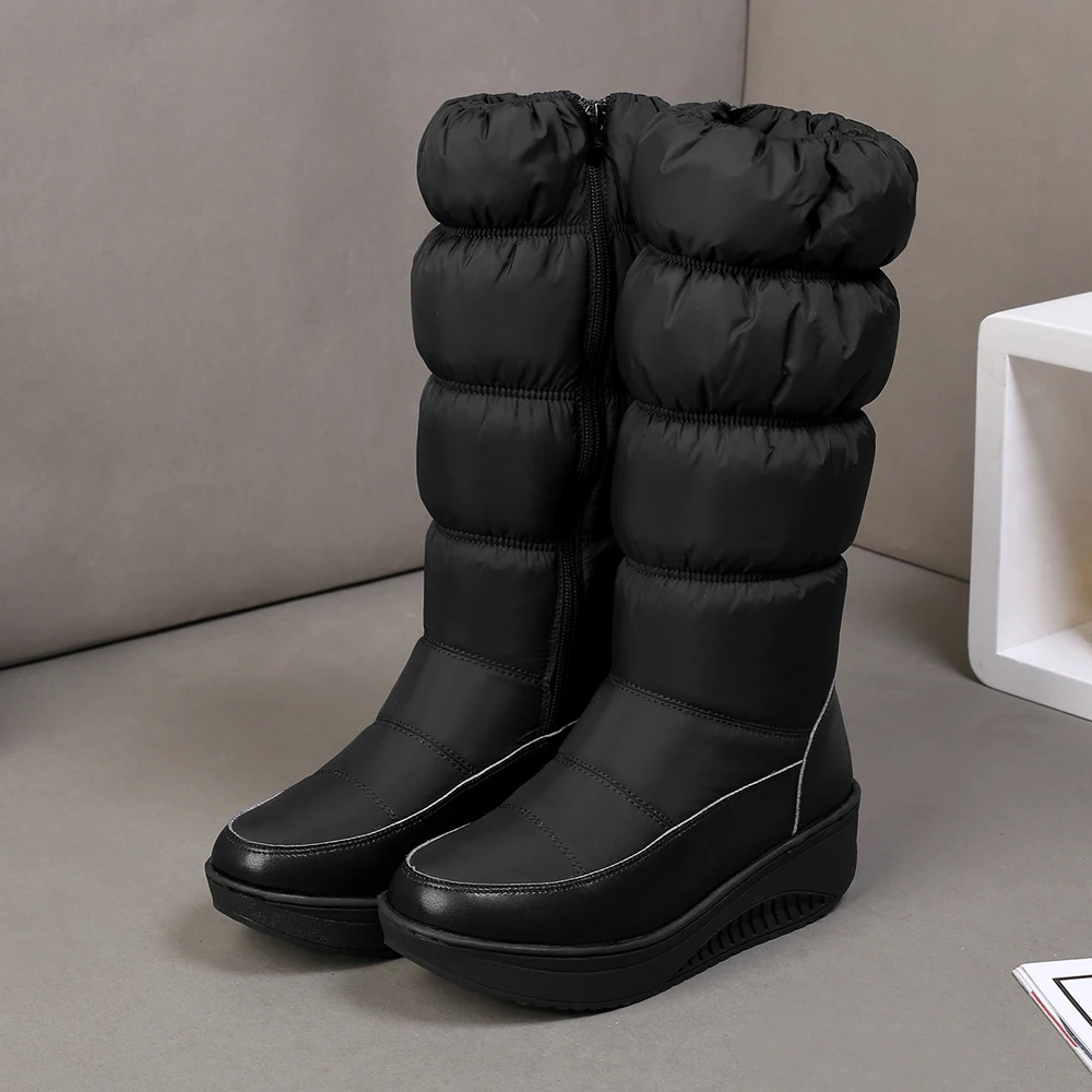 Bottes de neige à semelles compensées et mi-mollet pour femme, chaussures à plateforme, imperméables, à la mode, noires, bleues et blanches