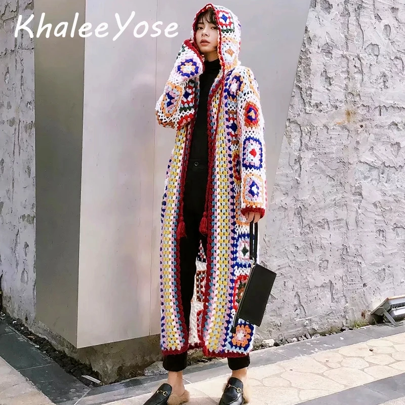 

KHALEE YOSE Handmade Long Knitted Sweaters Cardigan Winter Hippie Boho Coat Long Sleeve Autumn Mohair Ethnic Chic Hooded Coats