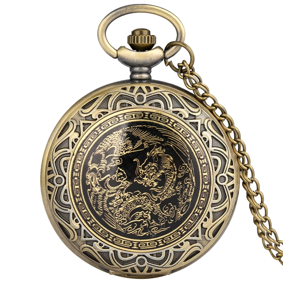 Reloj de bolsillo de cuarzo con diseño de dragón antiguo y Fénix para hombre y mujer, pulsera de mano de estilo elegante con diseño de cúpula, cadena colgante, ideal para regalo