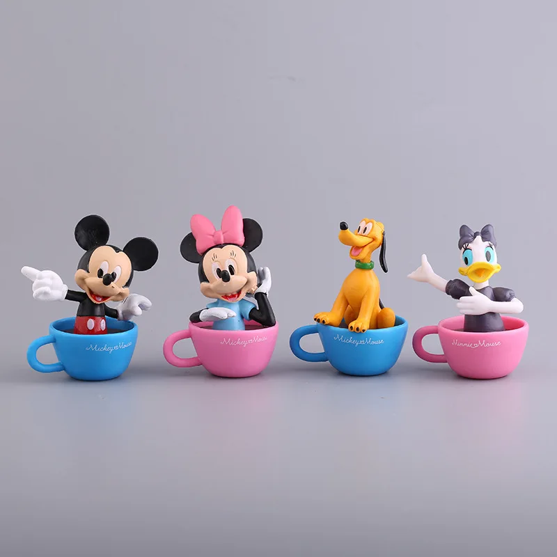 6PCS Set Disney Figure Toys Mickey Mouse Minnie Donald Duck With Cup Cute Ornaments Birthday Gifts