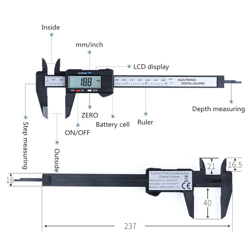 Calibrador Vernier Digital de 150mm, pantalla LCD de 6 pulgadas, acero inoxidable/plástico de fibra de carbono, 0,1mm, micrómetro, paquímetro