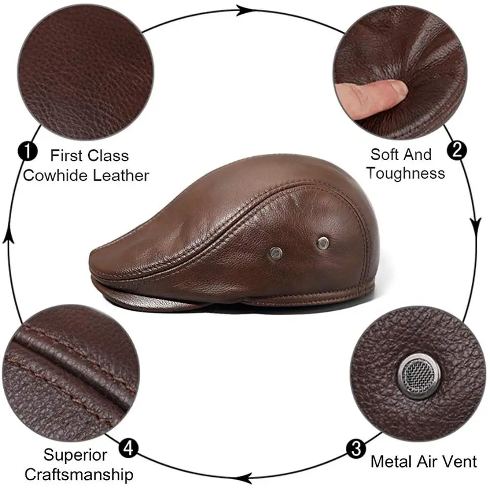 Men\'s Real Cowhide Leather Beret Hunting Cap Beanie Trucker Cap Mens Sports Hat