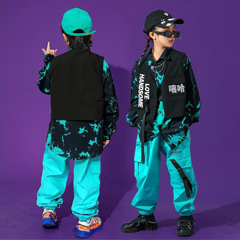 Kids Kpop Hip Hop Clothing Print Shirt Tops Sleeveless Jacket Streetwear Blue Cargo Pants for Girl Boy Dance Costume Clothes