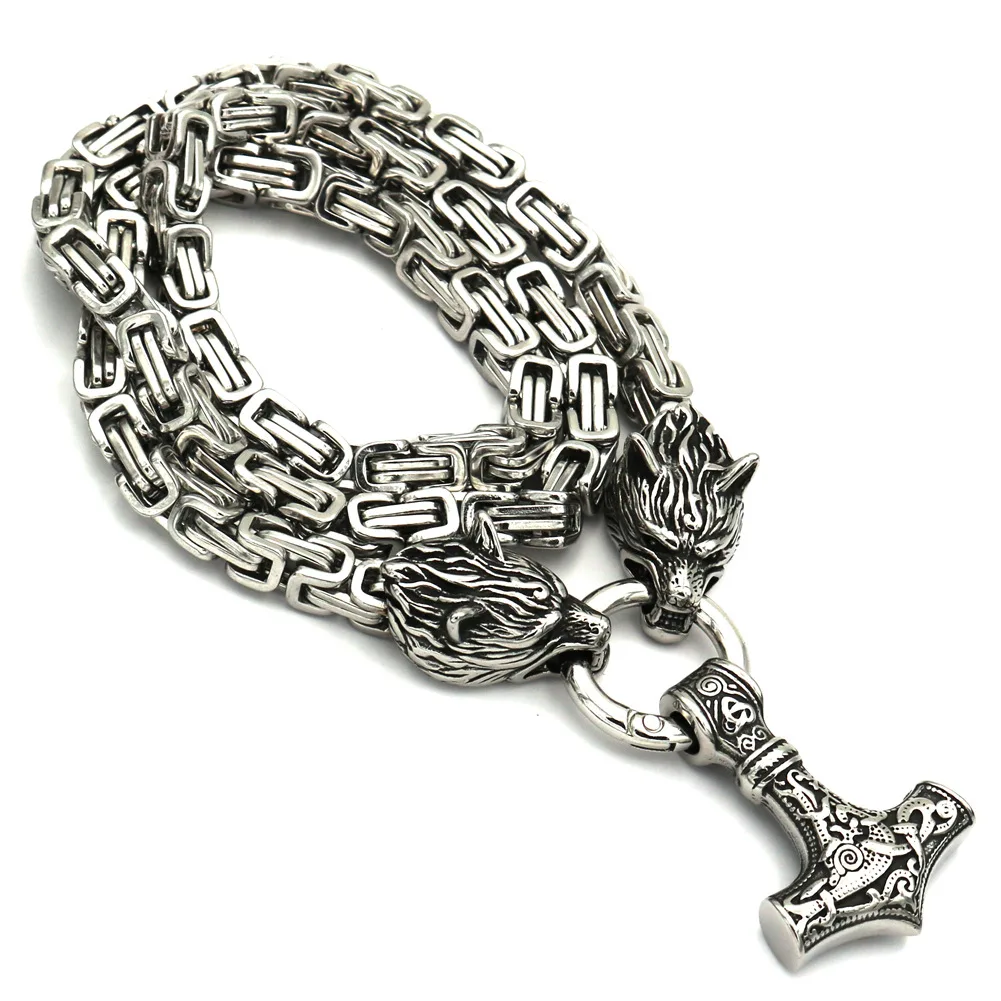 

80cm Silver EDC Self Defense Stainless Steel Nordic Viking Quake Hammer Men's Wolf Pendant Necklace Handmade Chain