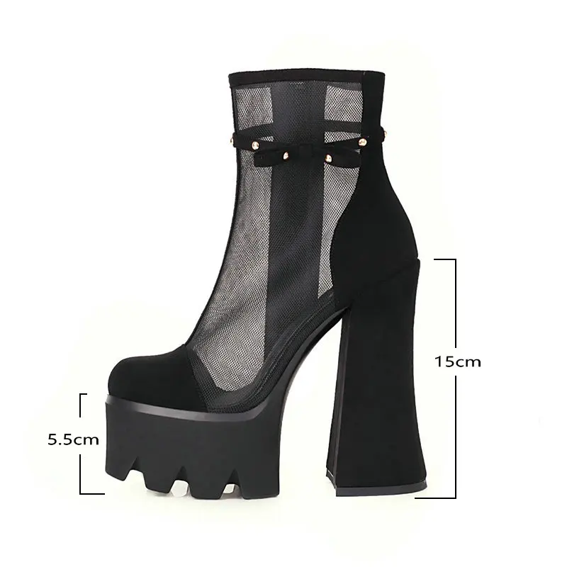 2021 Faux Suede Platform Square High Heel Women Ankle Boots Mesh Summer Women Short Boots Side Zipper Dress Women\'s Shoes