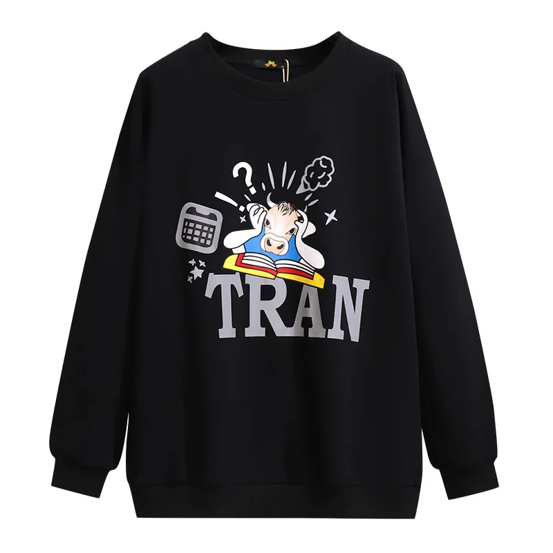 Ropa de talla grande para mujer, Jersey de manga larga de algodón, sudadera con estampado negro, abrigo 4XL, 5XL, 6XL, 7XL, novedad de primavera y otoño de 2021