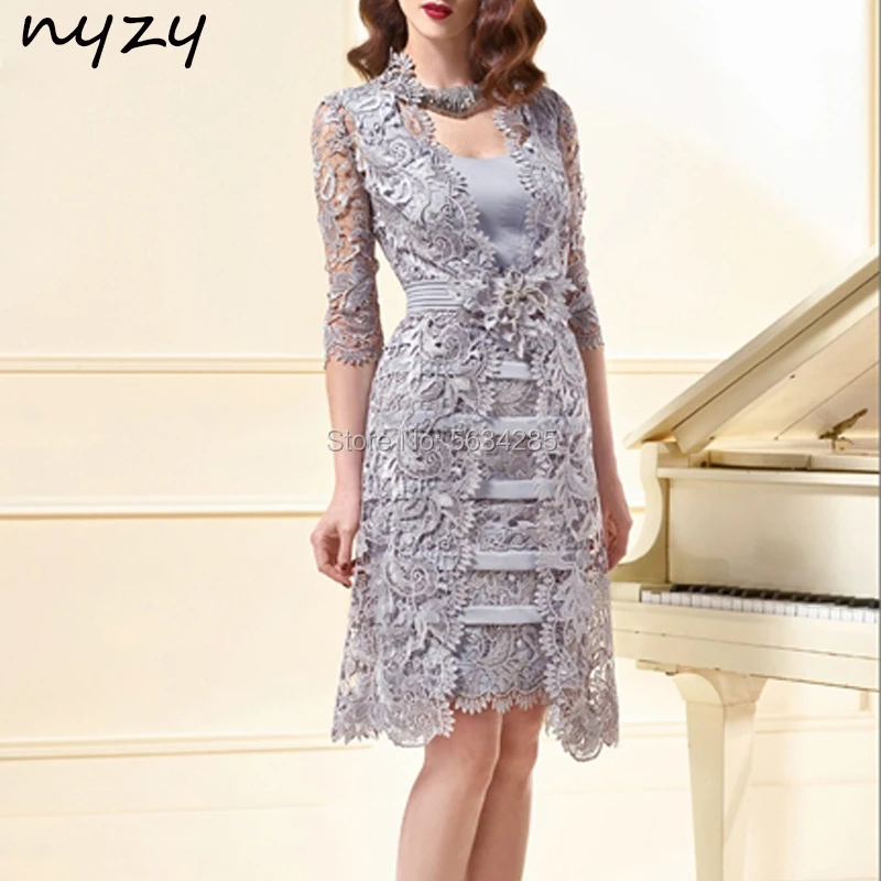 Elegant 2 Piece Silver Grey Mother of the Bride Groom Lace Dresses with Jacket 2024 NYZY M39 Formal Dress Party Evening Cocktail