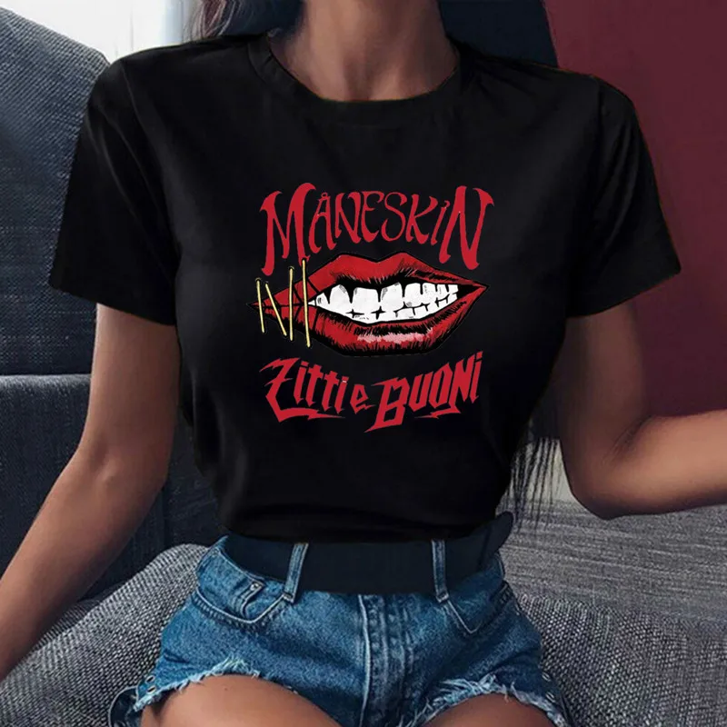 Maneskin Hip Hop drukuj Goth Harajuku kobiet T-shirt na co dzień panie podstawowe o-kołnierz krótki rękaw y2k topowy Tshirt dziewczyna, Drop Ship