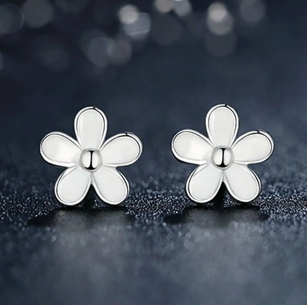 925 Sterling Silver White Daisy Stud Earrings For Women Kids Wedding Gift Female Pendientes