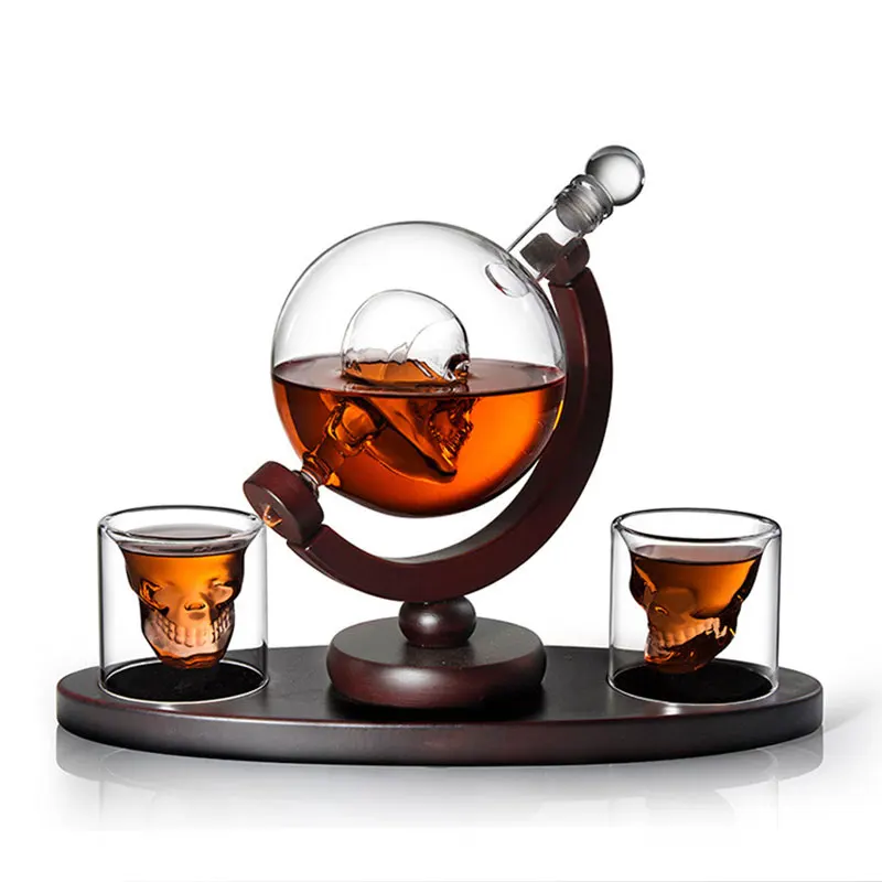Skull Globe Whiskey Decanter Set Gaopeng Silicon Glass Bottle With Pine Base 2 Small Wine Glasses Vodka And Other Dispensers