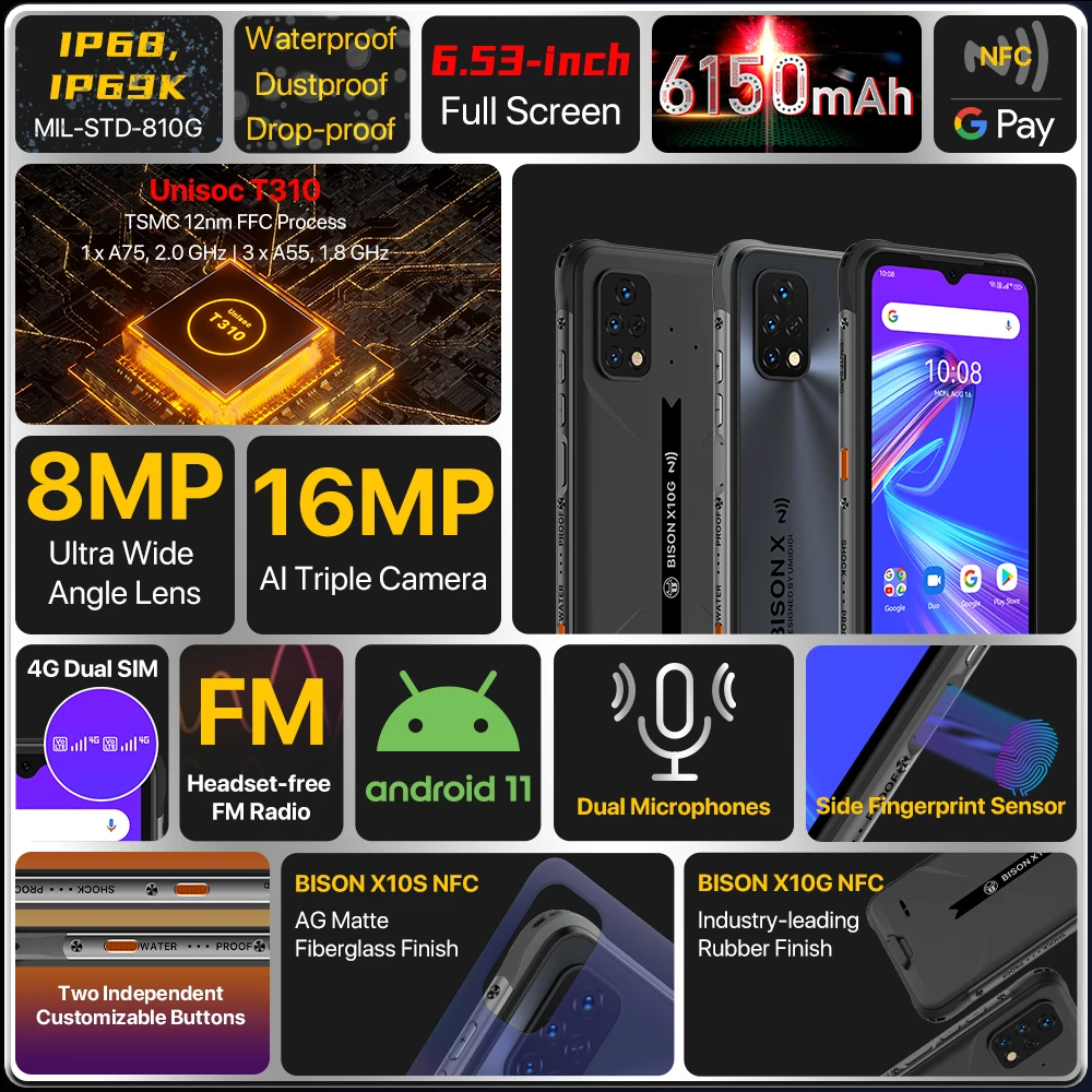 UMIDIGI-BISON X10S X10G Smartphone, Versão Global, Telefone Robusto à Prova D'Água, Bateria 6150mAh, NFC, 4GB, 64GB, IP68, IP69K, Novo, Estreia