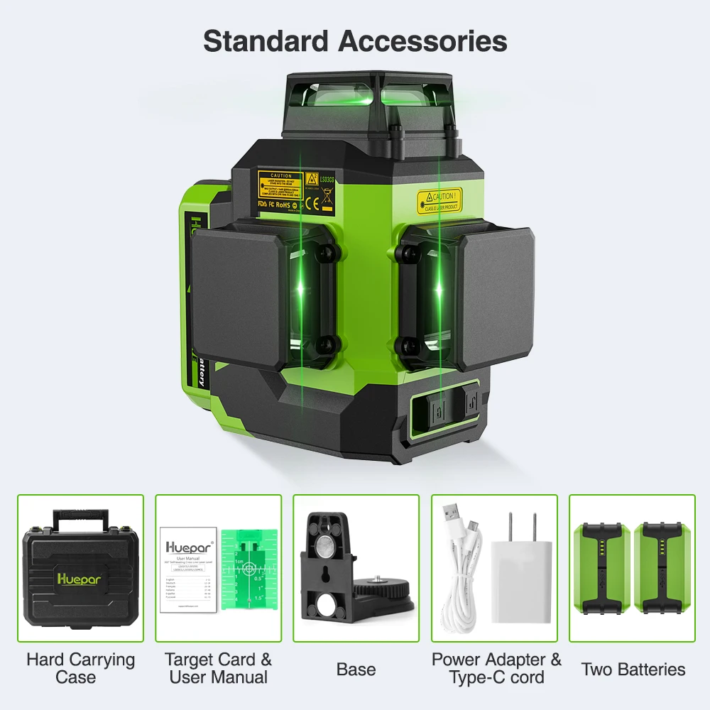 Huepar Cross Line 12 Lines Laser Level 3D Outdoor Self-Leveling Horizontal & Vertical Laser Tool 2 Li-ion Battery with Hard Case