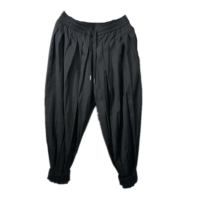 

Men's Casual Pants Spring And Summer New Pure Color Elastic Waist Design Pleated Loose Fashion Elastic Pants Leg Sports Pants