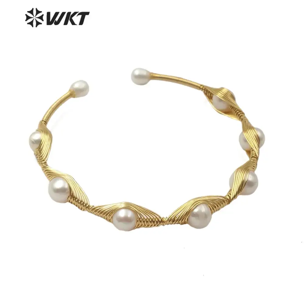 

WT-B502 WKT Wire Wrapped Pearl Bangle Round Pearl Gold Electroplated Bracelet Charm Women Vintage Pearl Bracelets Jewelry