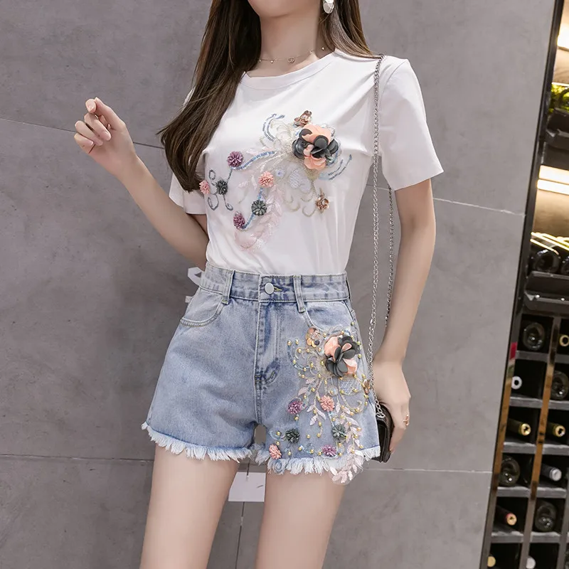 Hot Summer Women Sets Fashion Short Sleeve T-Shirt And Jeans Shorts Two-piece Set Female Embroidery 3D Flower Casual Suits Y230