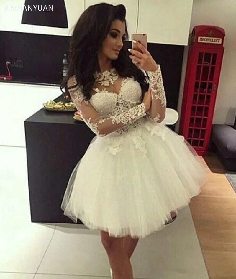 

White 2023 Homecoming Dresses Ball Gown Long Sleeves Tulle Appliques Lace Short Mini Elegant Cocktail Dresses