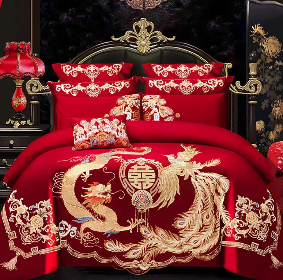 Imagem -04 - Luxo Golden Loong Phoenix Bordado Conjunto de Cama 100 Algodão Casamento Chinês Red Duvet Cover Lençol Fronhas Pcs