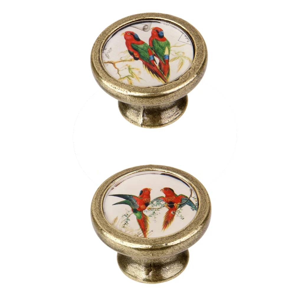 2 Pieces Vintage Brass Cabinet Door Drawer Closet Dresser Pulls Handle Knobs with Screws Colorful Birds Prints